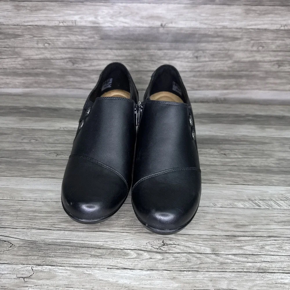 Clarks Emslie Warren Women Size 10 Black Leather Booties Ankle Shoes Heel